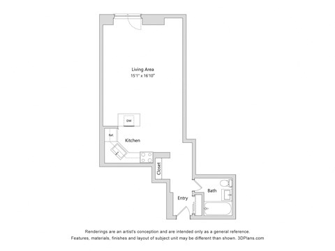 Floor plan for studio, 1 bath, 361 sqft